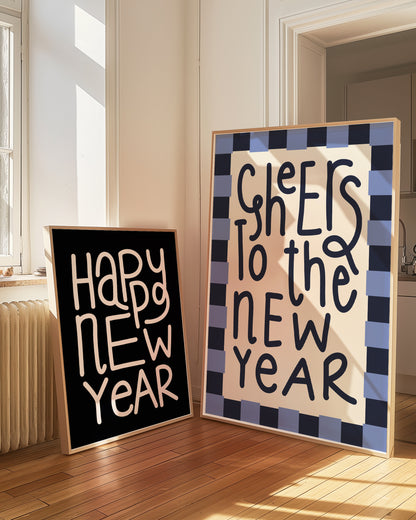 Cheers To The New Year Checkered Blue | Digital Print