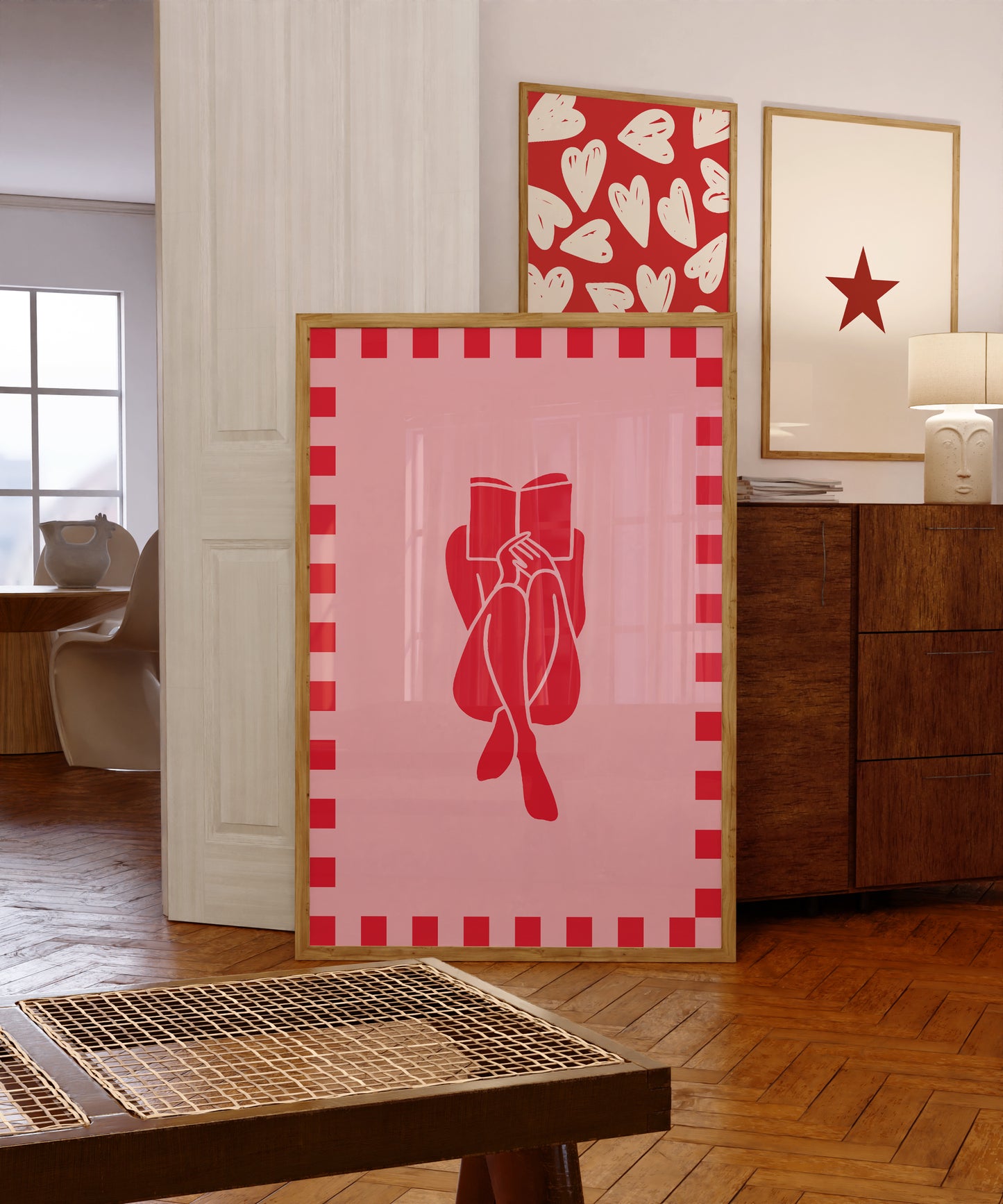 Pink Red Reading Legs Bent Illustration | Digital Print