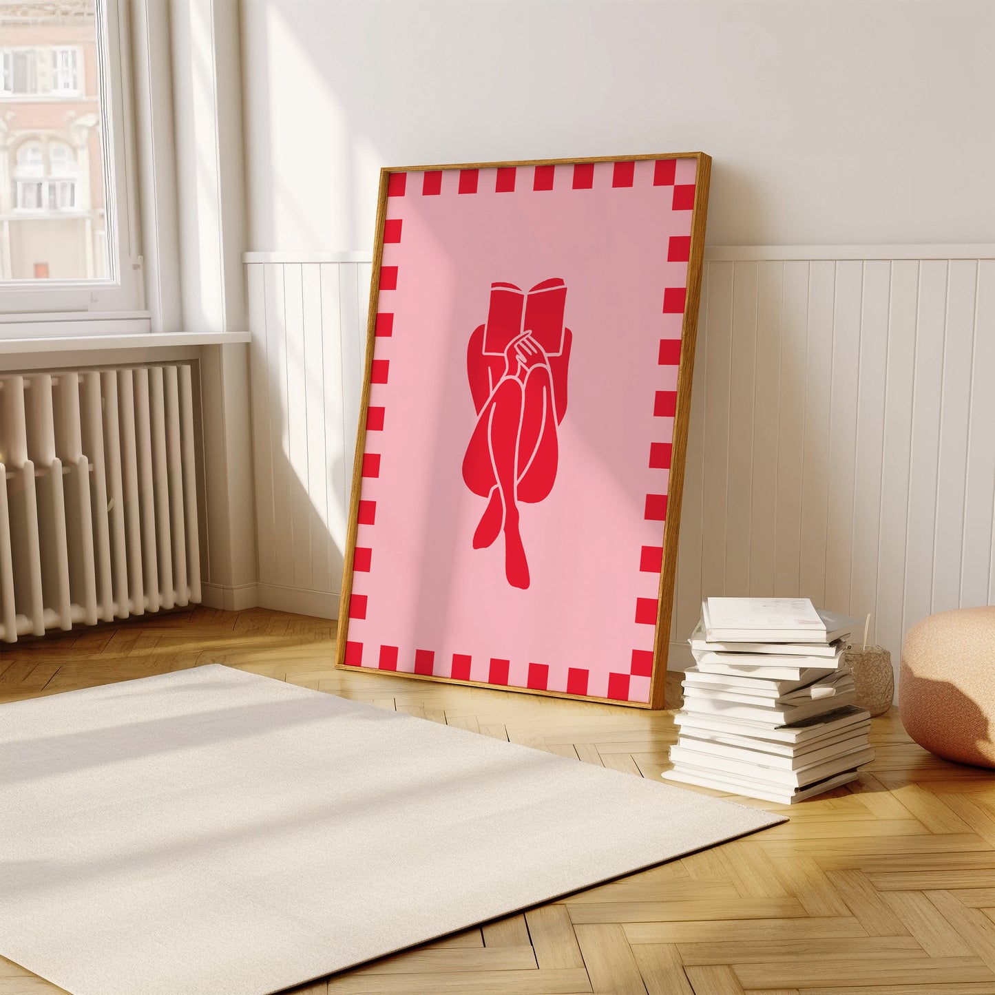 Pink Red Reading Legs Bent Illustration | Digital Print