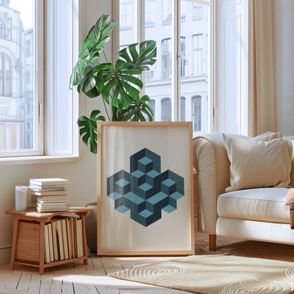 Blue Cube Geometric Steps | Digital Print