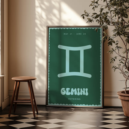 Gemini | Star Sign | Zodiac Print | Astrology Art | Green Blue | Digital Print