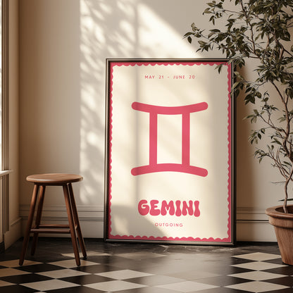 Gemini | Star Sign | Zodiac Print | Astrology Art | Pink | Digital Print