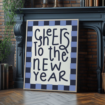 Cheers To The New Year Checkered Blue | Digital Print