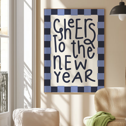 Cheers To The New Year Checkered Blue | Digital Print