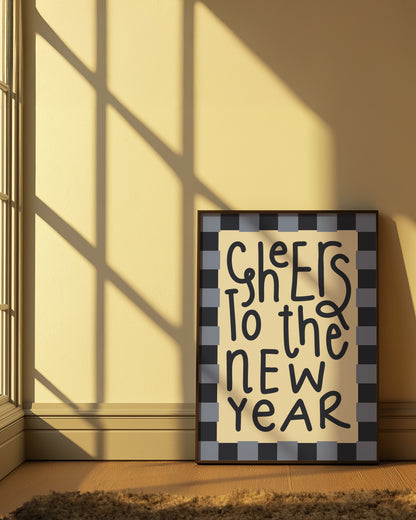 Cheers To The New Year Checkered Blue | Digital Print